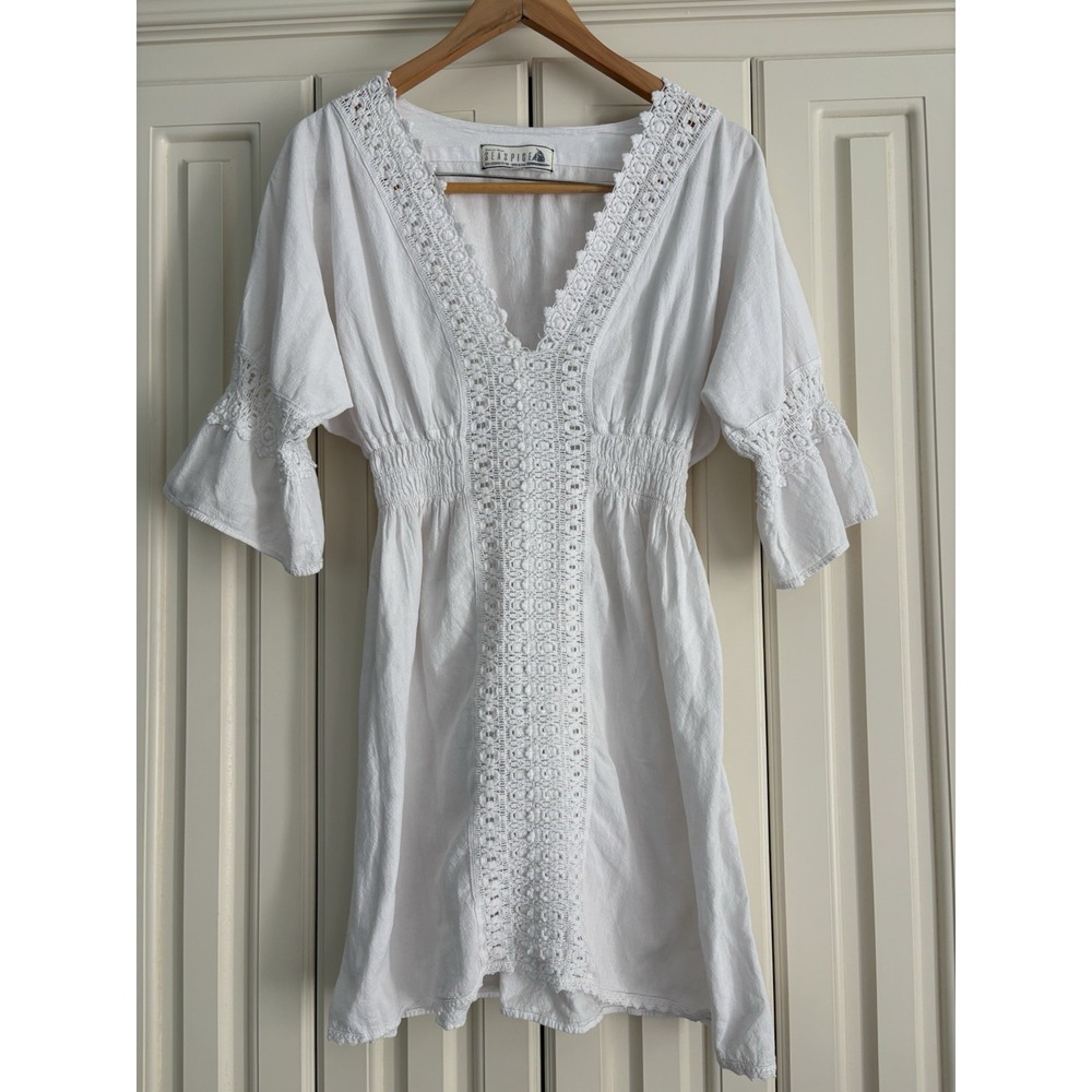 Seaspice M Resort Wear White Peruvian Cotton Mini Dress V Neck Summer Beach